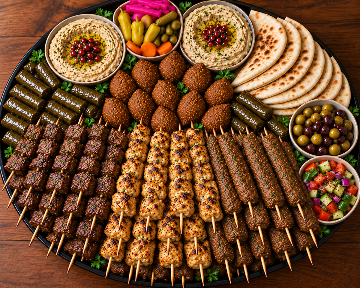A Mediterranean platter with grilled kebabs, falafel, grape leaves, hummus and pita.