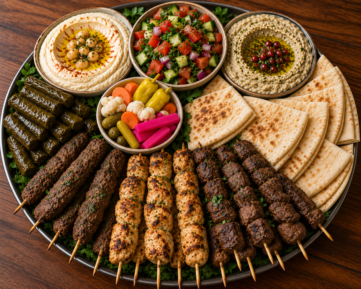A mixed kebab platter with dips, salad, stuffed grape leaves, pickles and pita.