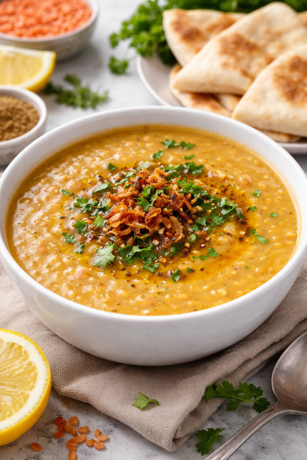 Homemade lentil soup prepared fresh