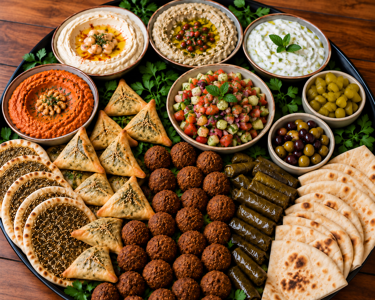 A vegetarian mezze platter with dips, chickpea salad, falafel, spinach pies and pita.